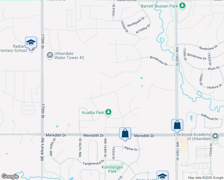 map of restaurants, bars, coffee shops, grocery stores, and more near 16216 Hickory Lane in Urbandale