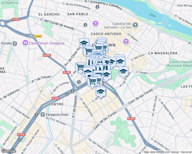 map of restaurants, bars, coffee shops, grocery stores, and more near 19 Paseo de la Constitución in Zaragoza