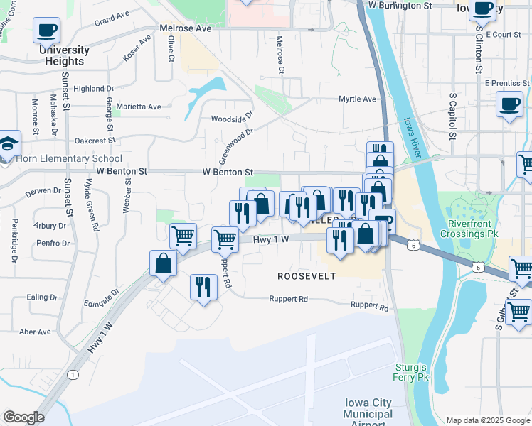 map of restaurants, bars, coffee shops, grocery stores, and more near 79 Prairie Hill Lane in Iowa City