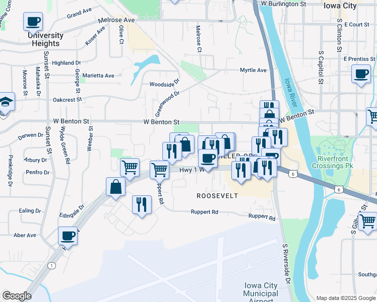 map of restaurants, bars, coffee shops, grocery stores, and more near 79 Prairie Hill Lane in Iowa City