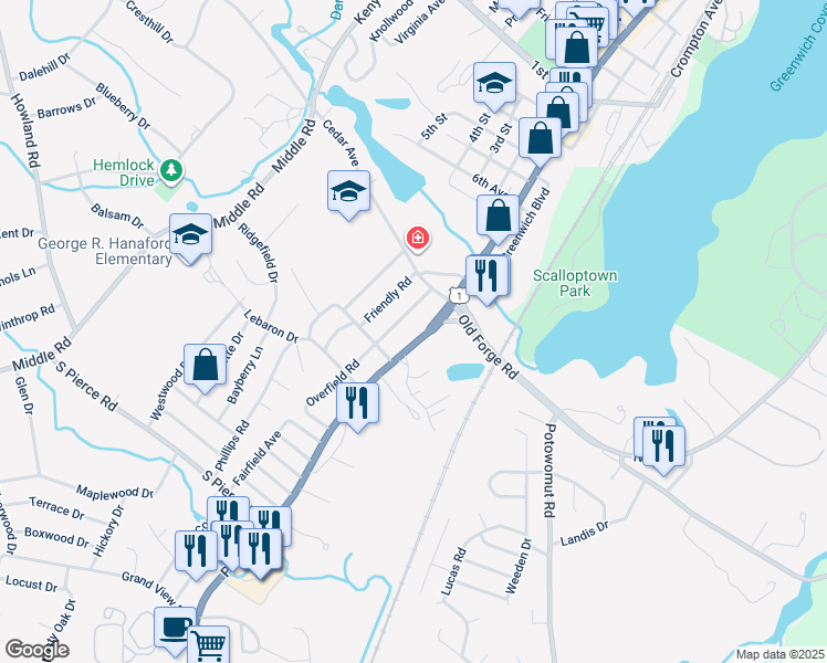 map of restaurants, bars, coffee shops, grocery stores, and more near 5255 Post Road in East Greenwich