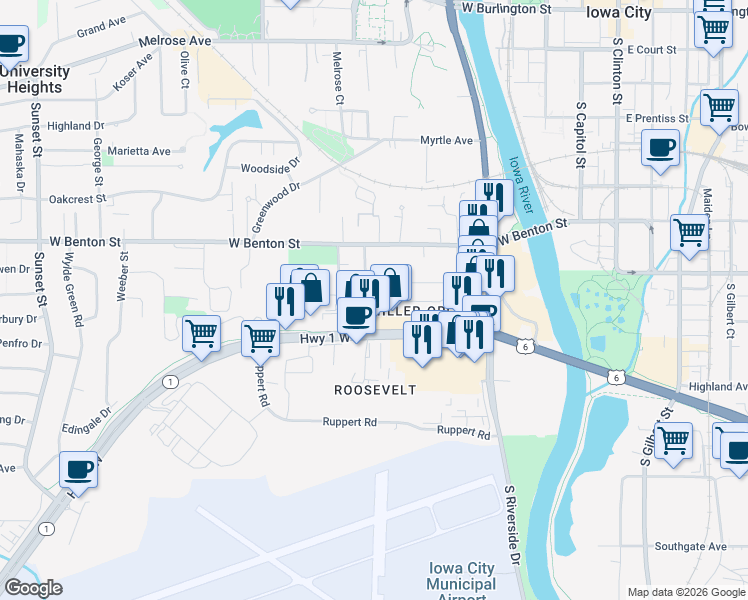 map of restaurants, bars, coffee shops, grocery stores, and more near 930 Hudson Avenue in Iowa City
