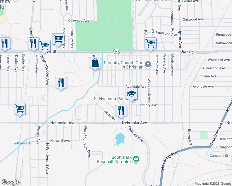 map of restaurants, bars, coffee shops, grocery stores, and more near 830 North University Avenue in Toledo