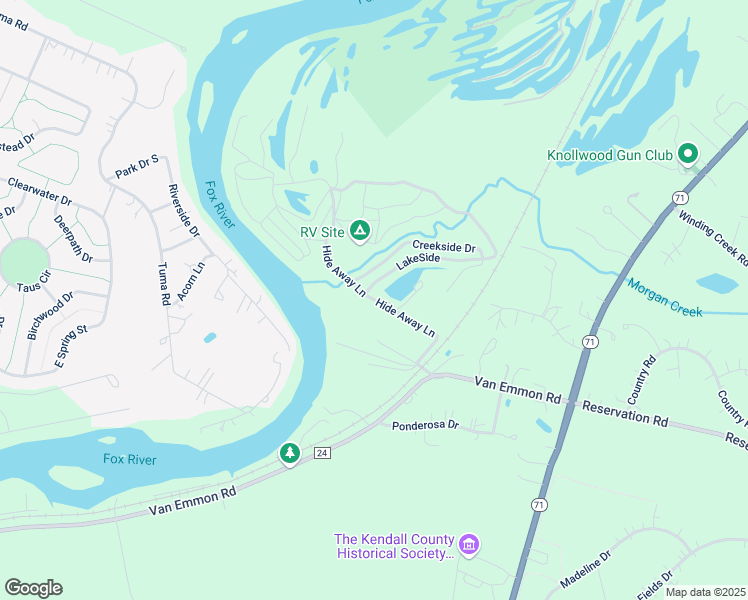 map of restaurants, bars, coffee shops, grocery stores, and more near Hide Away Lane in Kendall County