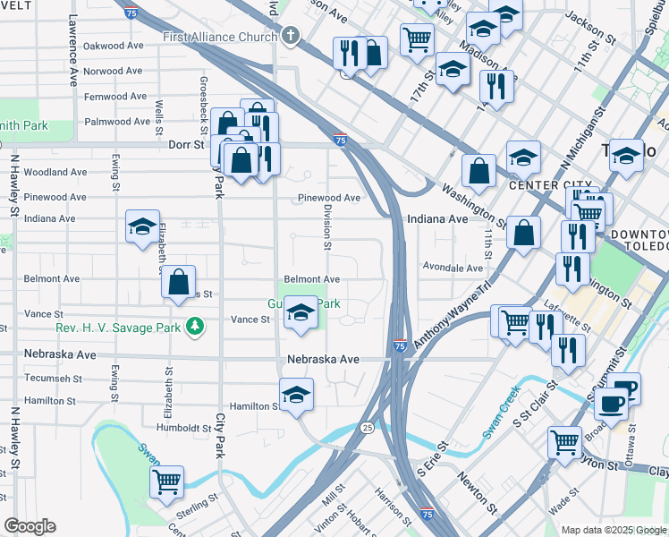 map of restaurants, bars, coffee shops, grocery stores, and more near 800 Division Street in Toledo