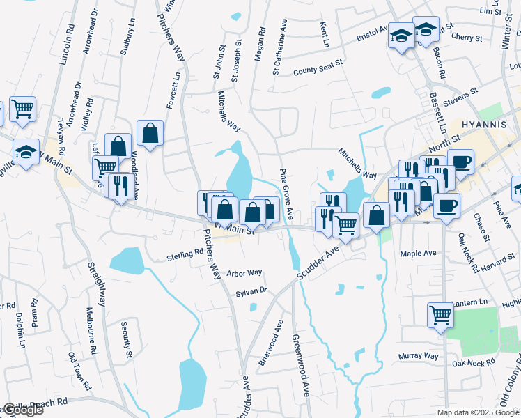map of restaurants, bars, coffee shops, grocery stores, and more near 148D West Main Street in Barnstable