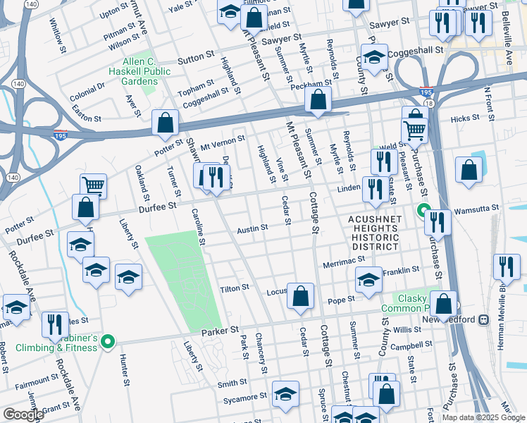 map of restaurants, bars, coffee shops, grocery stores, and more near 17 Trinity Street in New Bedford