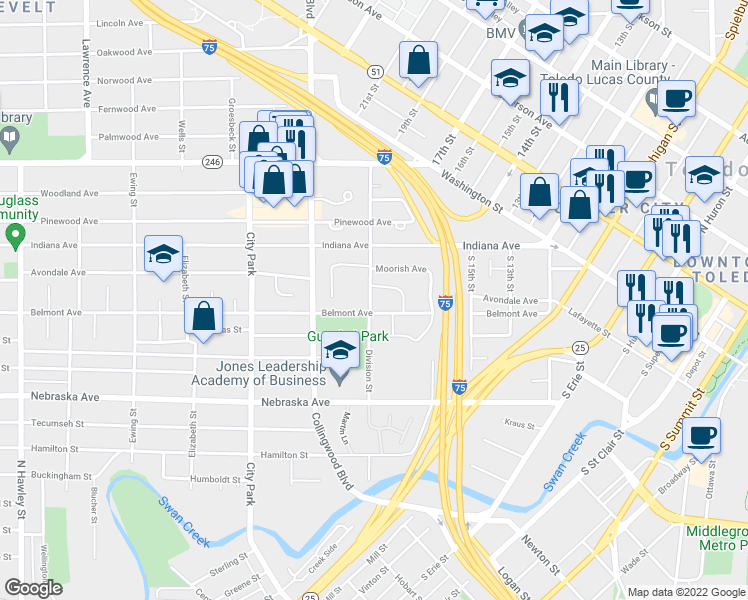 map of restaurants, bars, coffee shops, grocery stores, and more near 376 Avondale Avenue in Toledo