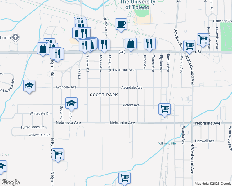 map of restaurants, bars, coffee shops, grocery stores, and more near 834 Mackow Drive in Toledo