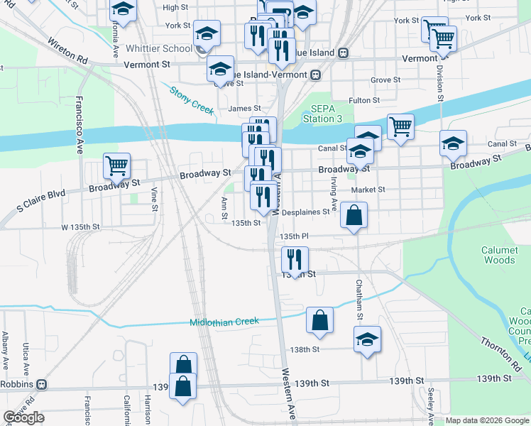 map of restaurants, bars, coffee shops, grocery stores, and more near 13416 South Western Avenue in Blue Island