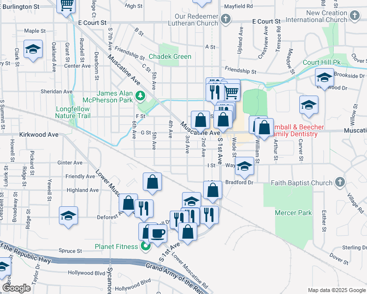 map of restaurants, bars, coffee shops, grocery stores, and more near 1020 3rd Avenue in Iowa City