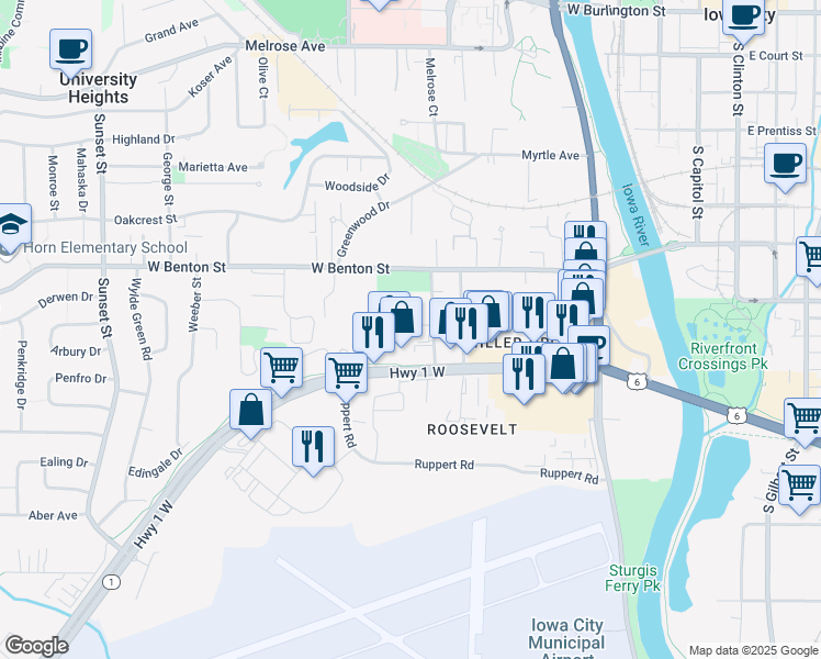 map of restaurants, bars, coffee shops, grocery stores, and more near 615 W Benton St in Iowa City