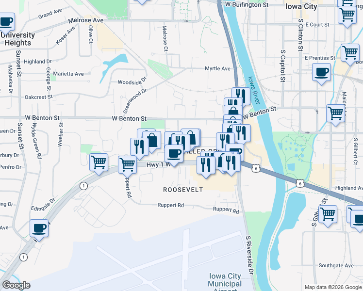 map of restaurants, bars, coffee shops, grocery stores, and more near 920 Hudson Avenue in Iowa City