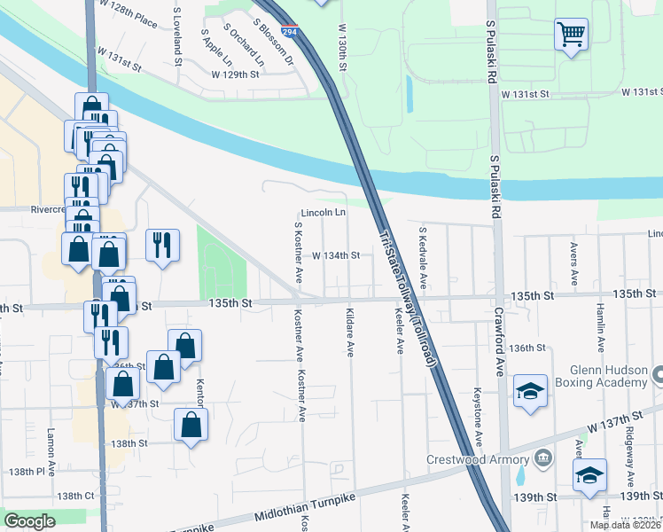 map of restaurants, bars, coffee shops, grocery stores, and more near 13309 South Kostner Avenue in Robbins