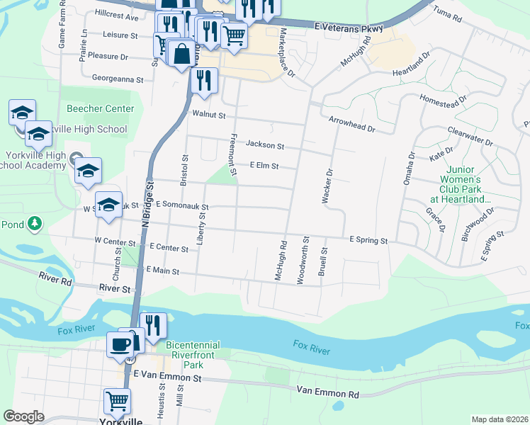 map of restaurants, bars, coffee shops, grocery stores, and more near 411 East Somonauk Street in Yorkville