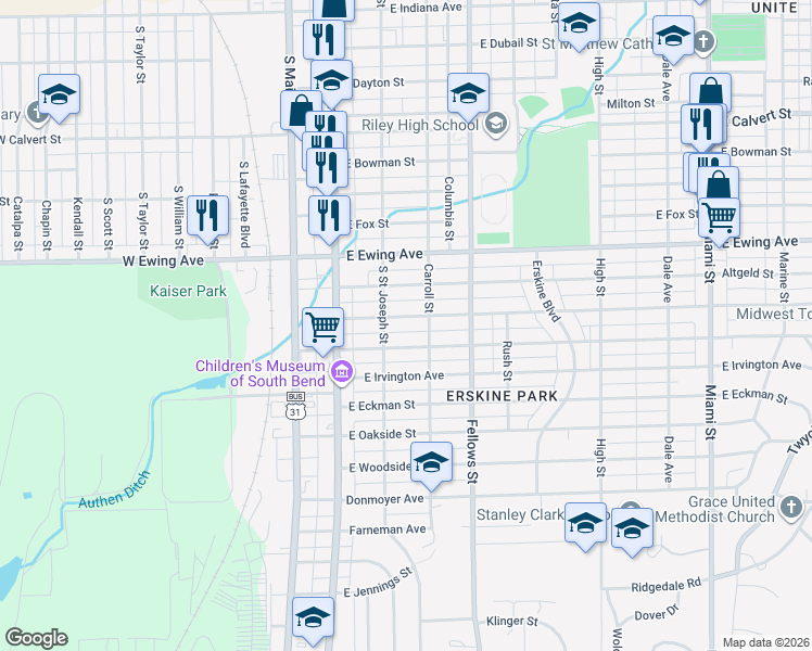 map of restaurants, bars, coffee shops, grocery stores, and more near 217 East Victoria Street in South Bend