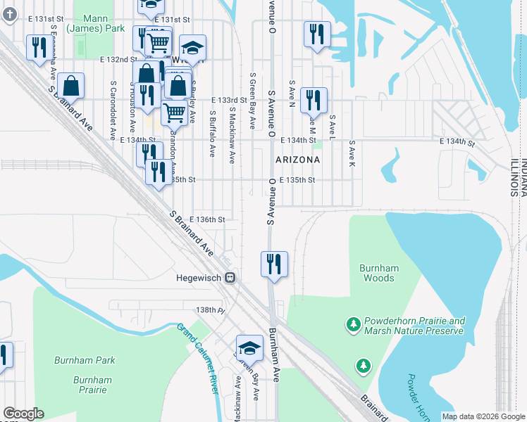 map of restaurants, bars, coffee shops, grocery stores, and more near 13550 South Avenue O in Chicago
