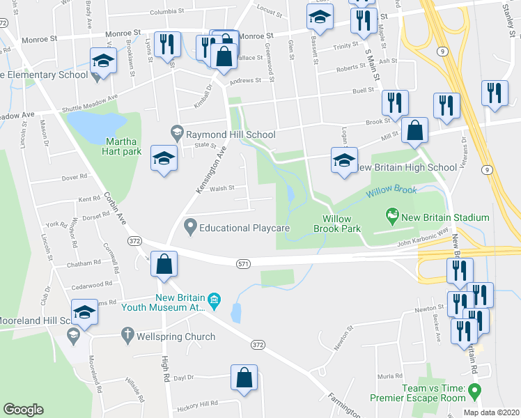 map of restaurants, bars, coffee shops, grocery stores, and more near 136 Clinic Drive in New Britain