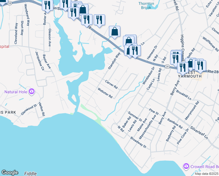 map of restaurants, bars, coffee shops, grocery stores, and more near 50 Carver Road in Yarmouth