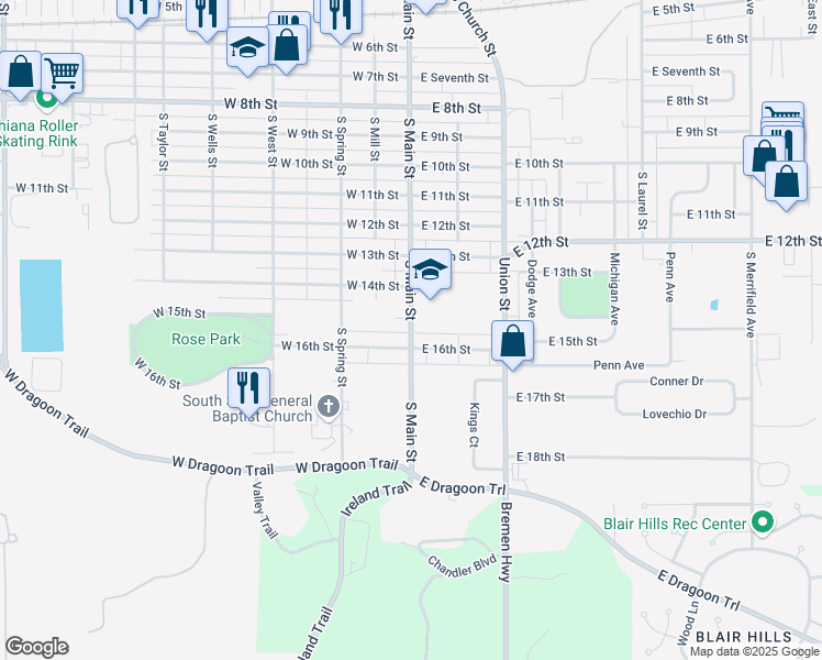 map of restaurants, bars, coffee shops, grocery stores, and more near 1402 South Main Street in Mishawaka