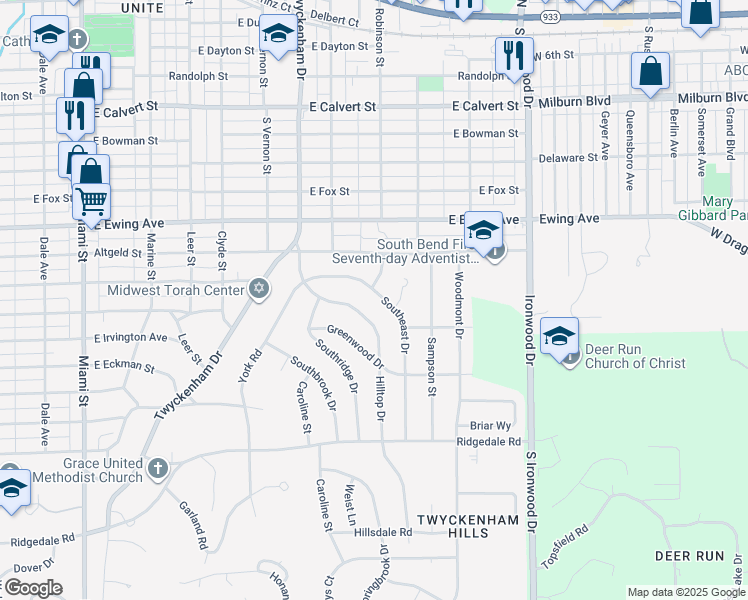 map of restaurants, bars, coffee shops, grocery stores, and more near 1630 Southeast Drive in South Bend