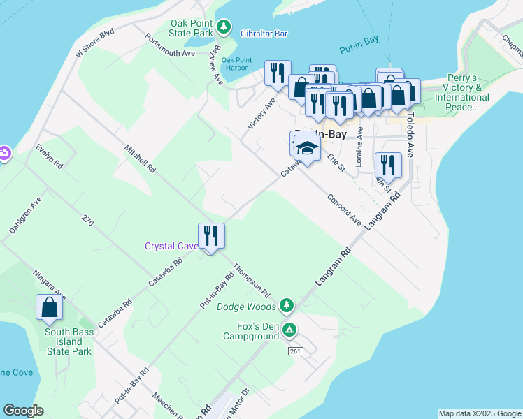map of restaurants, bars, coffee shops, grocery stores, and more near in Put-in-Bay