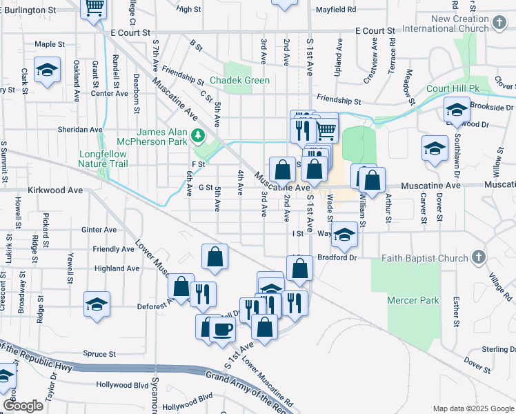 map of restaurants, bars, coffee shops, grocery stores, and more near 1020 3rd Avenue in Iowa City