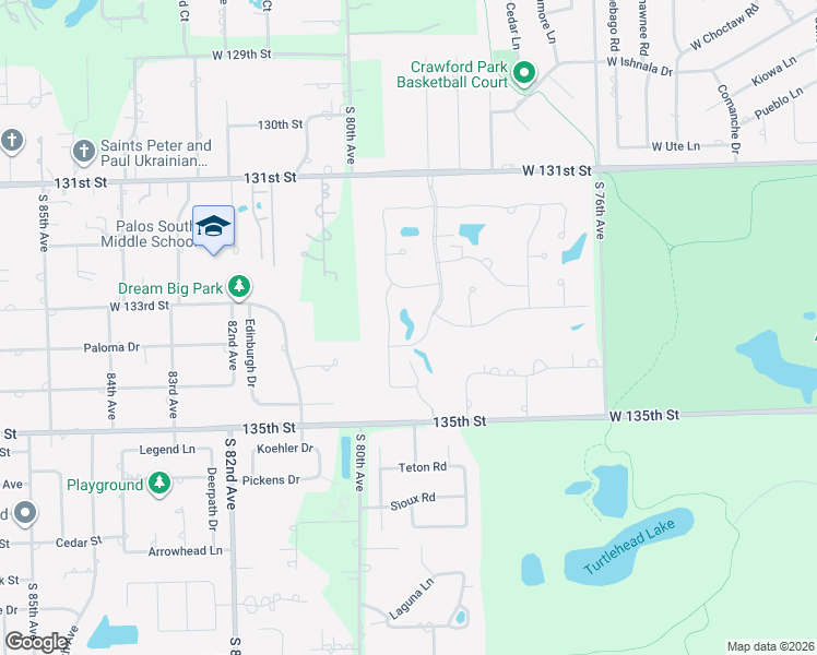 map of restaurants, bars, coffee shops, grocery stores, and more near 13451 South Westview Drive in Palos Heights