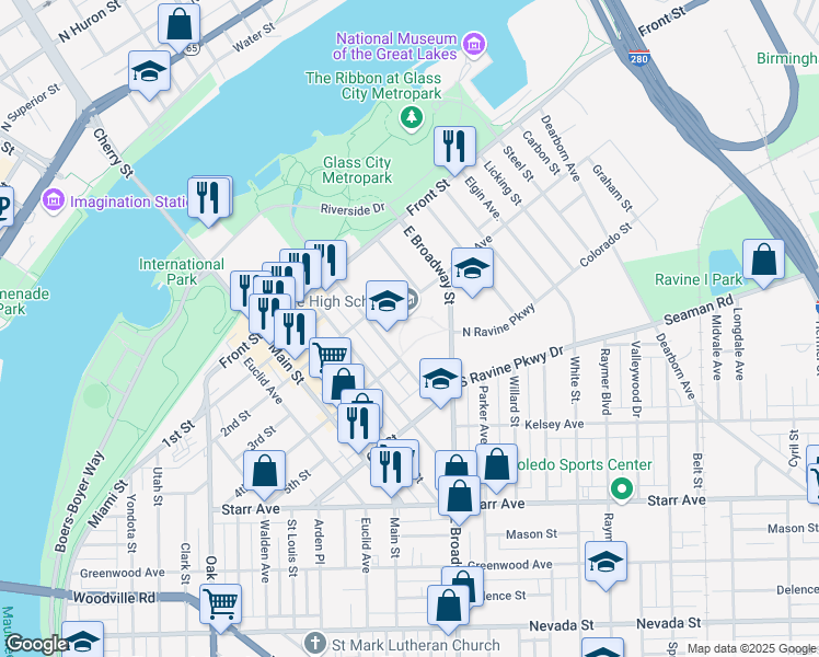 map of restaurants, bars, coffee shops, grocery stores, and more near 301 Morrison Drive in Toledo