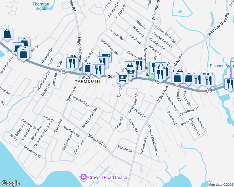 map of restaurants, bars, coffee shops, grocery stores, and more near 27A Springer Lane in Yarmouth