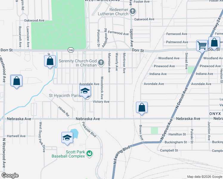 map of restaurants, bars, coffee shops, grocery stores, and more near 831 Waverly Avenue in Toledo