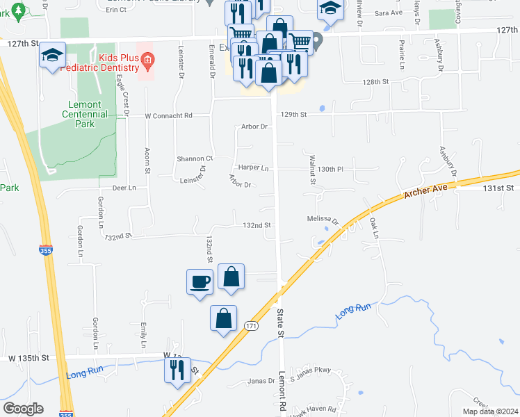map of restaurants, bars, coffee shops, grocery stores, and more near 1366 State Street in Lemont