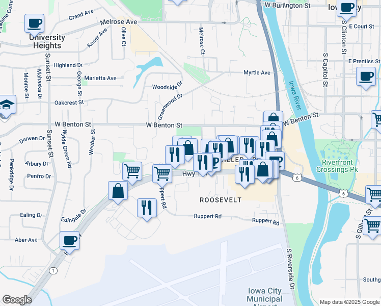 map of restaurants, bars, coffee shops, grocery stores, and more near 71 Prairie Hill Lane in Iowa City