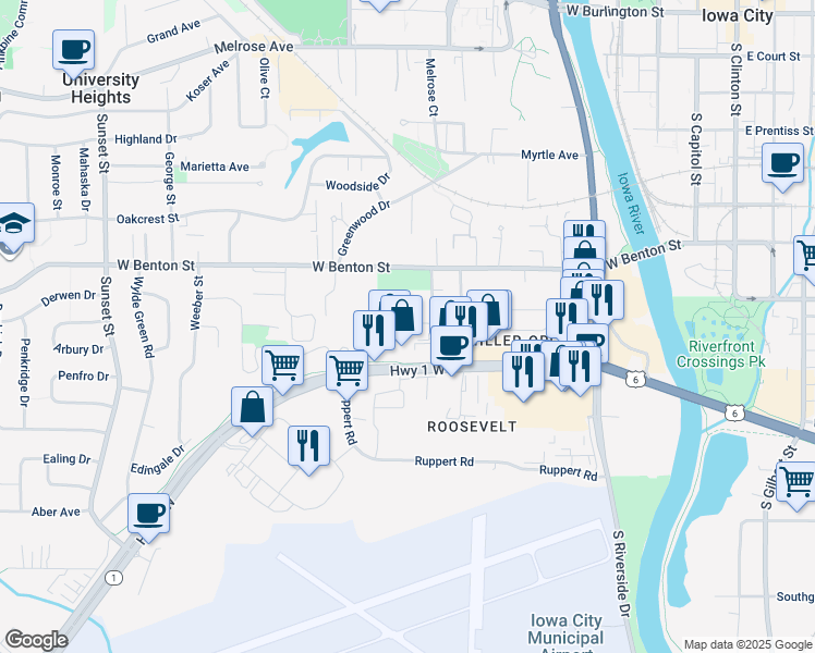 map of restaurants, bars, coffee shops, grocery stores, and more near 71 Prairie Hill Lane in Iowa City