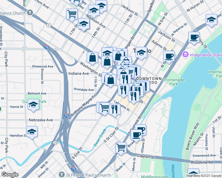 map of restaurants, bars, coffee shops, grocery stores, and more near 801 Washington Street in Toledo