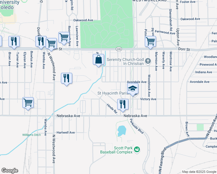 map of restaurants, bars, coffee shops, grocery stores, and more near 2269 Avondale Avenue in Toledo