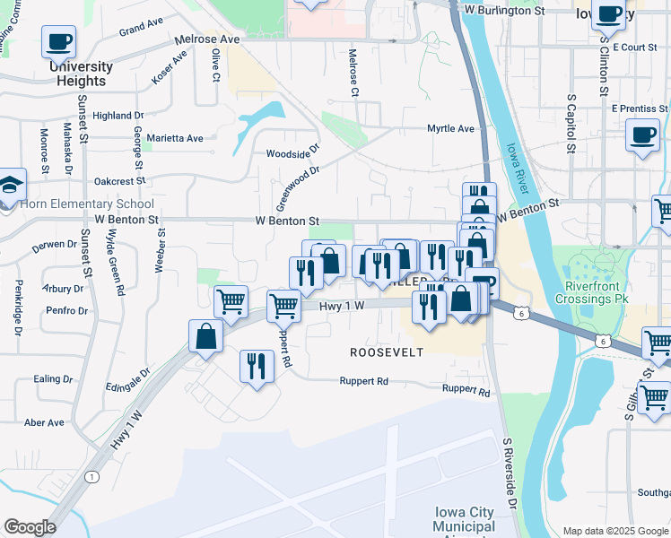 map of restaurants, bars, coffee shops, grocery stores, and more near 73 Prairie Hill Lane in Iowa City