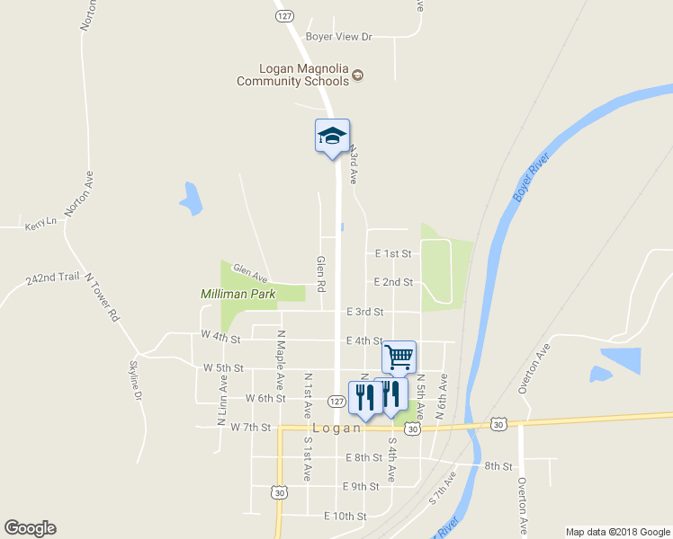 map of restaurants, bars, coffee shops, grocery stores, and more near 511 North 2nd Avenue in Logan