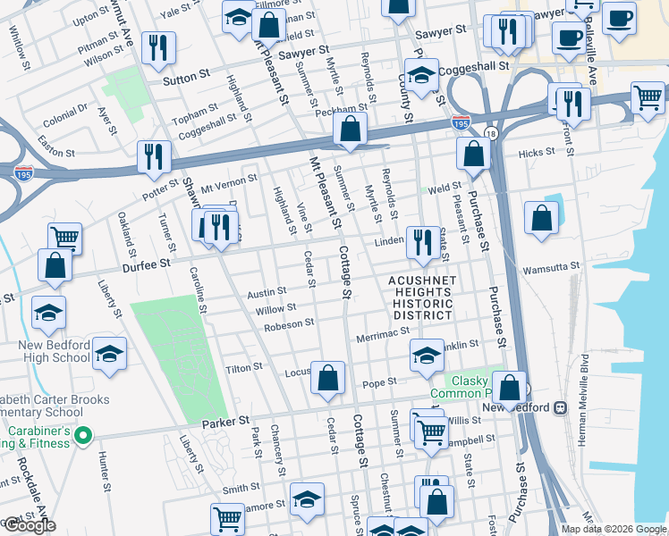 map of restaurants, bars, coffee shops, grocery stores, and more near 22 Collins Street in New Bedford