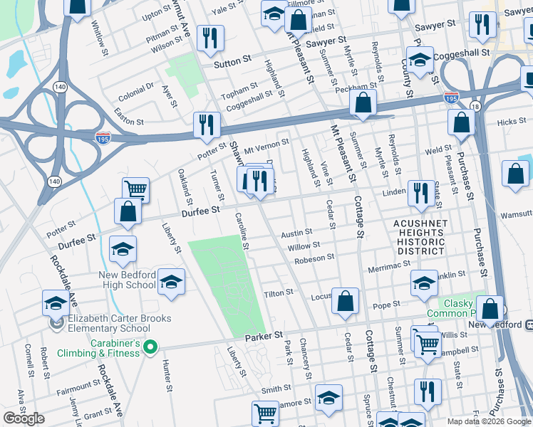 map of restaurants, bars, coffee shops, grocery stores, and more near 102 Durfee Street in New Bedford