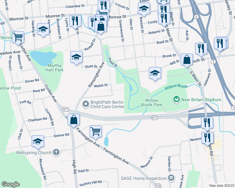 map of restaurants, bars, coffee shops, grocery stores, and more near 130 Clinic Drive in New Britain