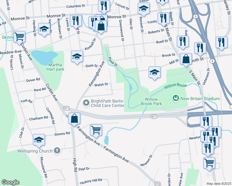 map of restaurants, bars, coffee shops, grocery stores, and more near 130 Clinic Drive in New Britain