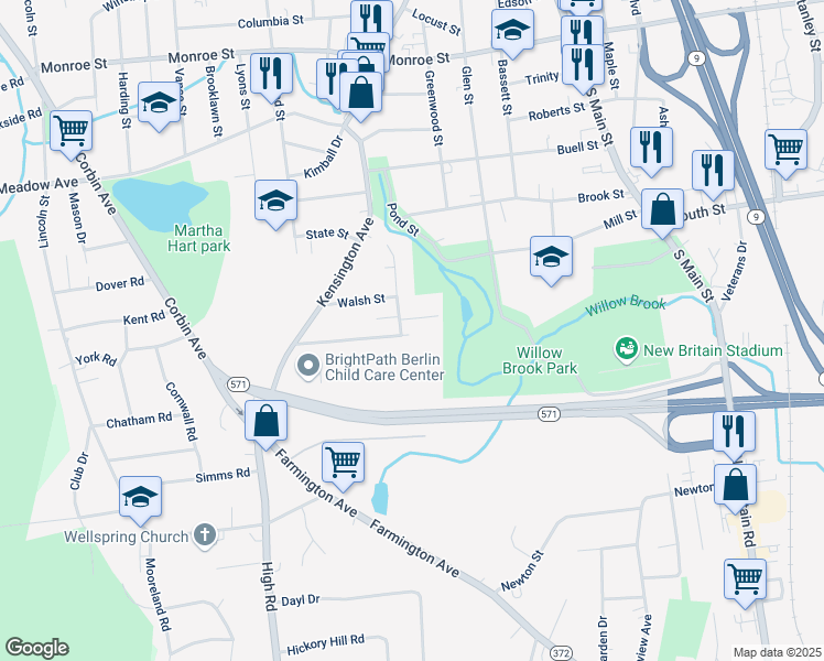 map of restaurants, bars, coffee shops, grocery stores, and more near 130 Clinic Drive in New Britain