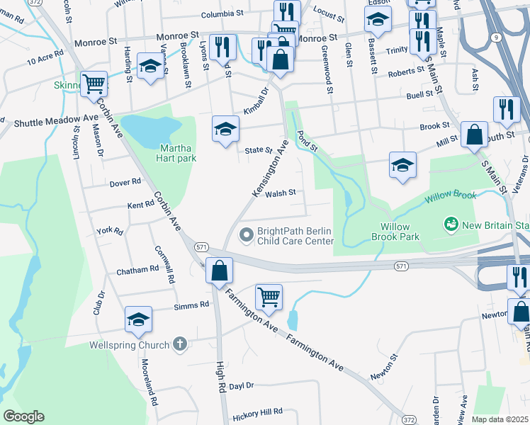 map of restaurants, bars, coffee shops, grocery stores, and more near 66 Clinic Drive in New Britain
