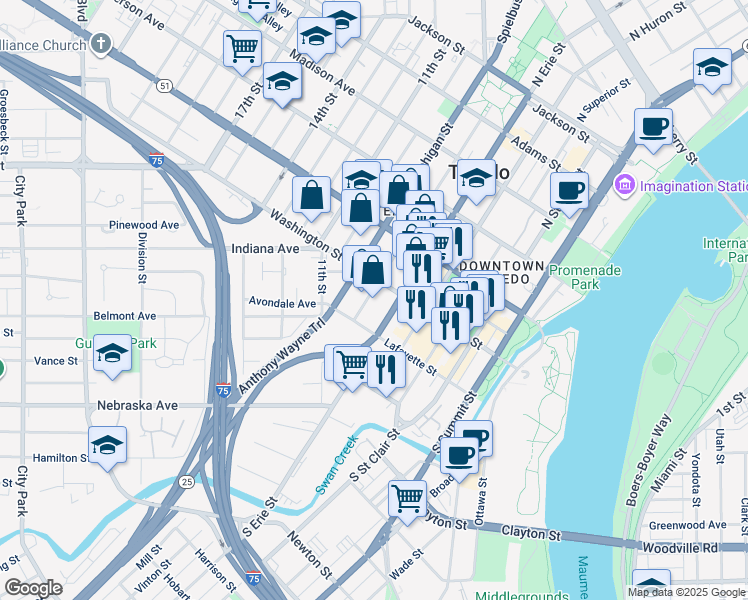 map of restaurants, bars, coffee shops, grocery stores, and more near 801 Washington Street in Toledo