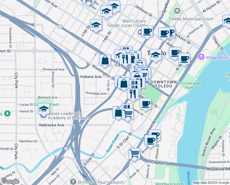 map of restaurants, bars, coffee shops, grocery stores, and more near 38 South Michigan Street in Toledo