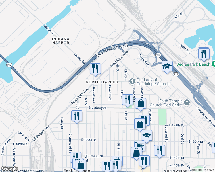map of restaurants, bars, coffee shops, grocery stores, and more near 3504 Grand Blvd in East Chicago