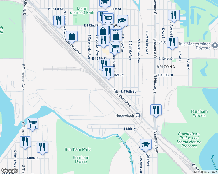 map of restaurants, bars, coffee shops, grocery stores, and more near 13536 South Brandon Avenue in Chicago