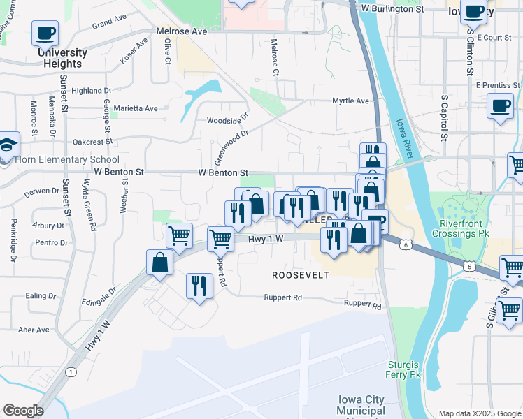 map of restaurants, bars, coffee shops, grocery stores, and more near 615 W Benton St in Iowa City