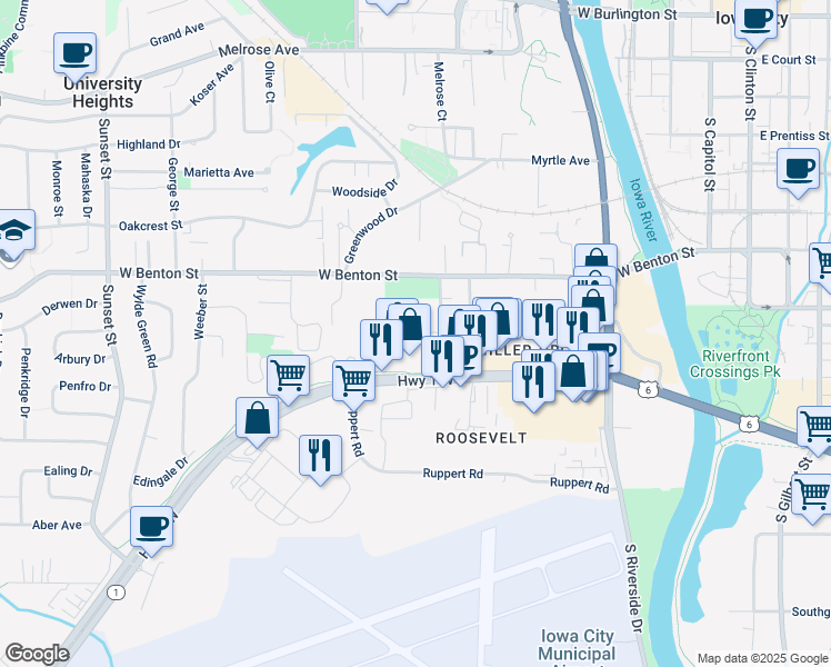 map of restaurants, bars, coffee shops, grocery stores, and more near 615 W Benton St in Iowa City